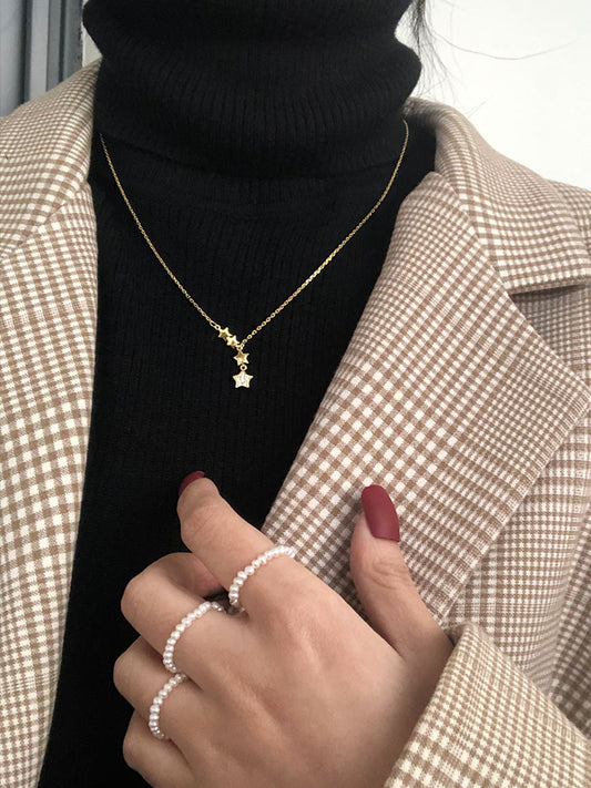 ANENJERY 925 Sterling Silver Dainty Unique Tassel Star Necklace for Women Cubic Zircon Clavicle Chain Necklace Jewelry S-N699