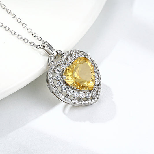 Natural Heart-Shaped Citrine Necklace Set – 925 Silver Pendant for Women