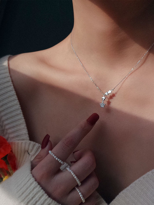 ANENJERY 925 Sterling Silver Dainty Unique Tassel Star Necklace for Women Cubic Zircon Clavicle Chain Necklace Jewelry S-N699