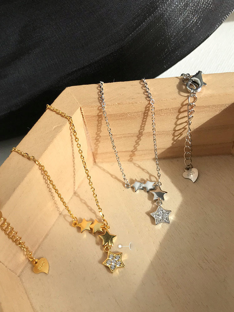 ANENJERY 925 Sterling Silver Dainty Unique Tassel Star Necklace for Women Cubic Zircon Clavicle Chain Necklace Jewelry S-N699