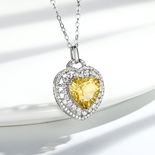 Natural Heart-Shaped Citrine Necklace Set – 925 Silver Pendant for Women